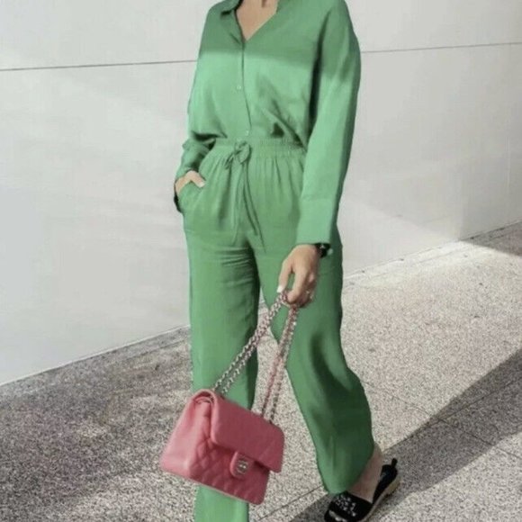 Zara Apple Green Wide Leg Blend Slouchy Pants Size XS - Picture 14 of 16